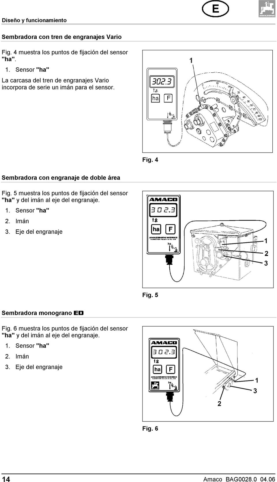 5 muestra los puntos de fijación del sensor "ha" y del imán al eje del engranaje. 1. Sensor "ha" 2. Imán 3. Eje del engranaje Fig.