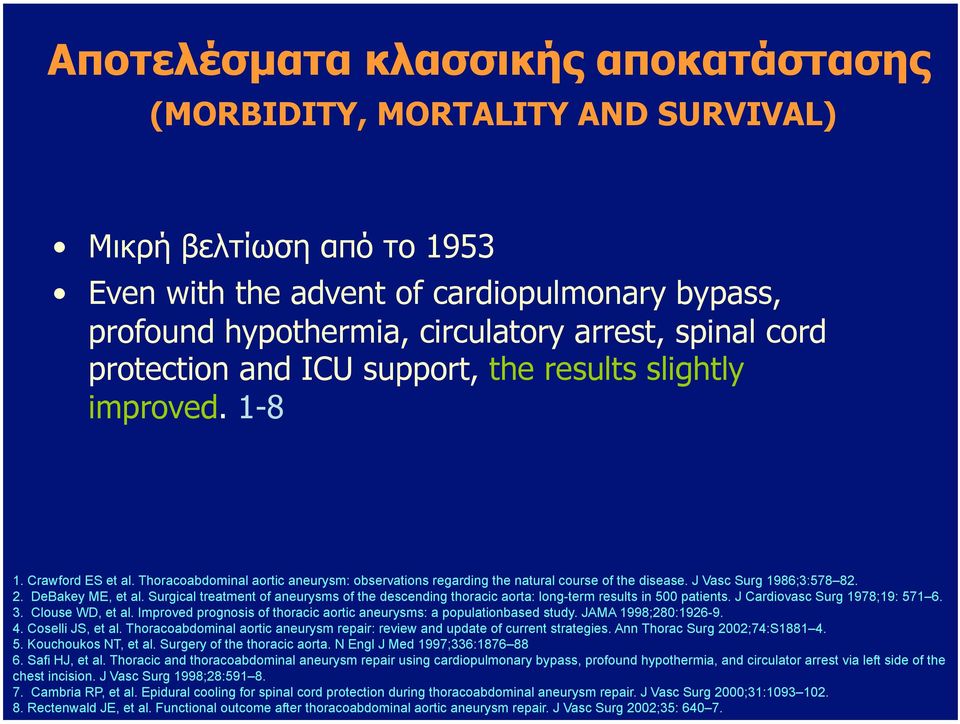 J Vasc Surg 1986;3:578 82. 2. DeBakey ME, et al. Surgical treatment of aneurysms of the descending thoracic aorta: long-term results in 500 patients. J Cardiovasc Surg 1978;19: 571 6. 3.