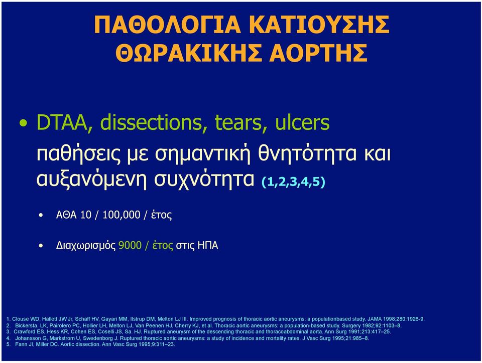 LK, Pairolero PC, Hollier LH, Melton LJ, Van Peenen HJ, Cherry KJ, et al. Thoracic aortic aneurysms: a population-based study. Surgery 1982;92:1103 8. 3.