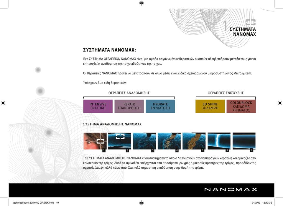 Υπάρχουν δυο είδη θεραπειών: ΘΕΡΑΠΕΙΕΣ ΑΝΑΔΟΜΗΣΗΣ ΘΕΡΑΠΕΙΕΣ ΕΝΙΣΧΥΣΗΣ INTENSIVE ΕΝΤΑΤΙΚΗ REPAIR ΕΠΑΝΟΡΘΩΣΗ HYDRATE ΕΝΥΔΑΤΩΣΗ 3D SHINE 3DΛΑΜΨΗ COLOURLOCK ΚΛΕΙΔΩΜΑ ΧΡΩΜΑΤΟΣ ΣΥΣΤΗΜΑ ΑΝΑΔΟΜΗΣΗΣ ΝΑΝΟΜΑΧ