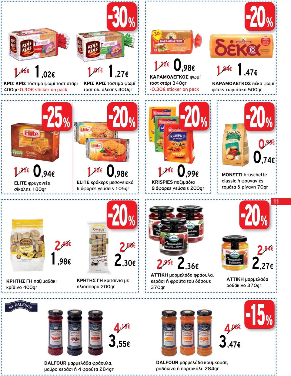 1,24 KRISPIES παξιμάδια διάφορες γεύσεις 200gr 0,93 0,74 MONETTI bruschette classic ή φρυγανιές τομάτα & ρίγανη 70gr 11 ΚΡΗΤΗΣ ΓΗ παξιμαδάκι κρίθινο 400gr 2,48 1,98 2,88 2,30 ΚΡΗΤΗΣ ΓΗ κριτσίνια με
