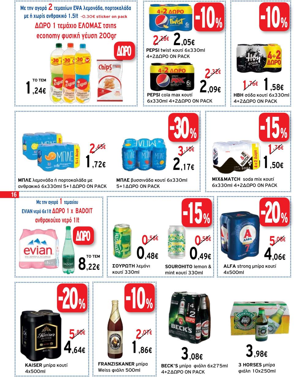 1,76 1,58 ΗΒΗ σόδα κουτί 6x330ml 4+2ΔΩΡΟ ON PACK -30 % 16 ΜΠΛΕ λεμονάδα ή πορτοκαλάδα με ανθρακικό 6x330ml 5+1ΔΩΡΟ ON PACK Mε την αγορά 1 τεμαχίου EVIAN νερό 6x1lt ΔΩΡΟ 1 x BADOIT ανθρακούχο νερό 1lt