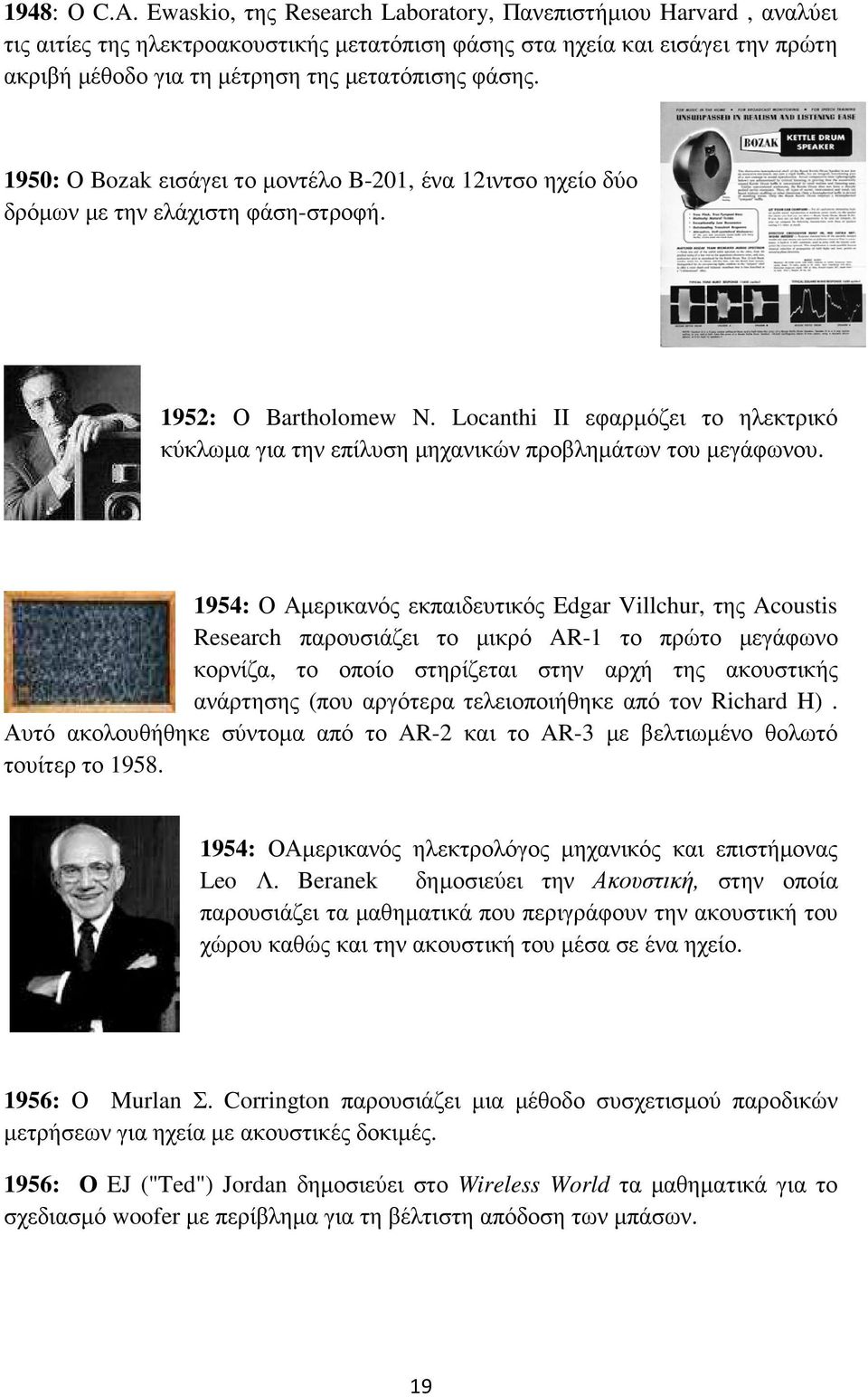 1950: Ο Bozak εισάγει το µοντέλο B-201, ένα 12ιντσο ηχείο δύο δρόµων µε την ελάχιστη φάση-στροφή. 1952: Ο Bartholomew N.