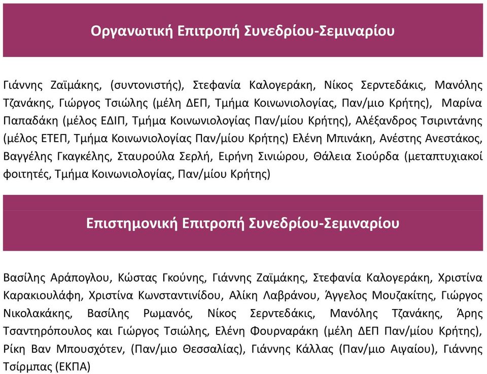 Σταυρούλα Σερλή, Ειρήνη Σινιώρου, Θάλεια Σιούρδα (μεταπτυχιακοί φοιτητές, Τμήμα Κοινωνιολογίας, Παν/μίου Κρήτης) Επιστημονική Επιτροπή Συνεδρίου-Σεμιναρίου Βασίλης Αράπογλου, Κώστας Γκούνης, Γιάννης