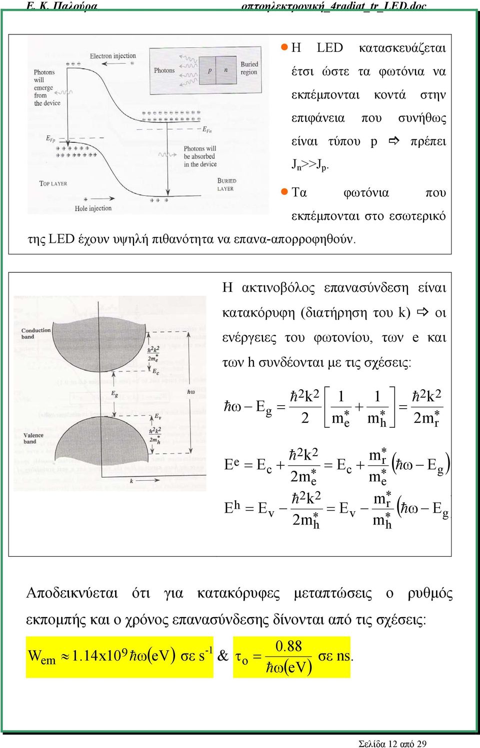 Η ακτινοβόλος επανασύνδεση είναι κατακόρυφη (διατήρηση του k) οι ενέργειες του φωτονίου, των e και των h συνδέονται με τις σχέσεις: h2k2 1 1 h ω Eg = 2 + = m* * e m h 2 h k