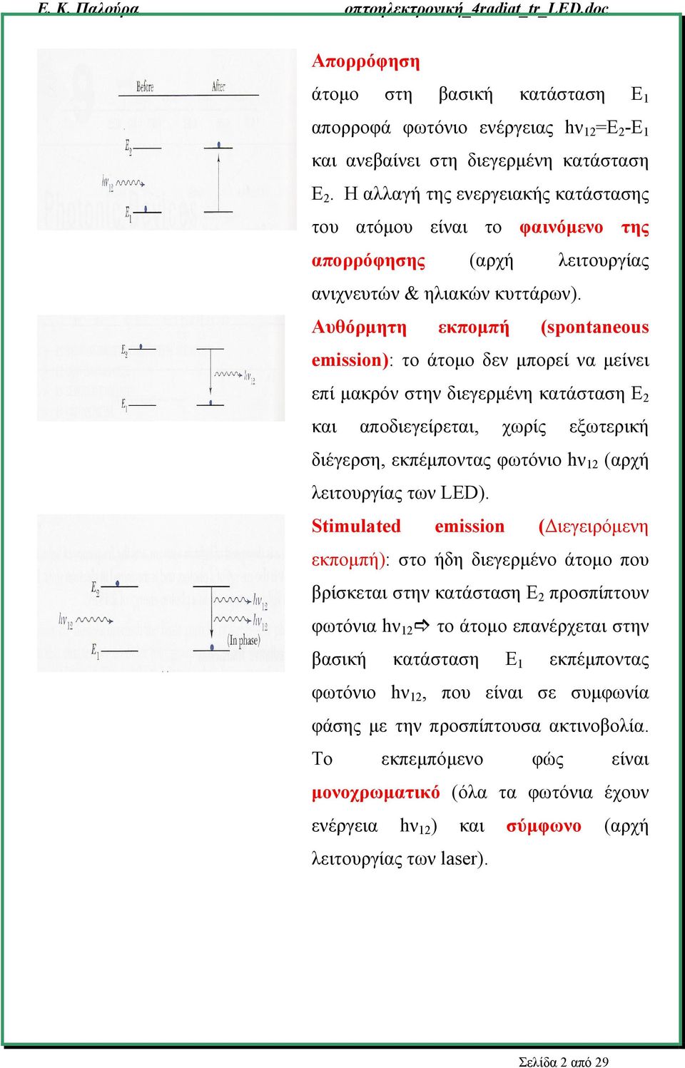 Αυθόρμητη εκπομπή (spontaneous emission): το άτομο δεν μπορεί να μείνει επί μακρόν στην διεγερμένη κατάσταση Ε 2 και αποδιεγείρεται, χωρίς εξωτερική διέγερση, εκπέμποντας φωτόνιο hν 12 (αρχή