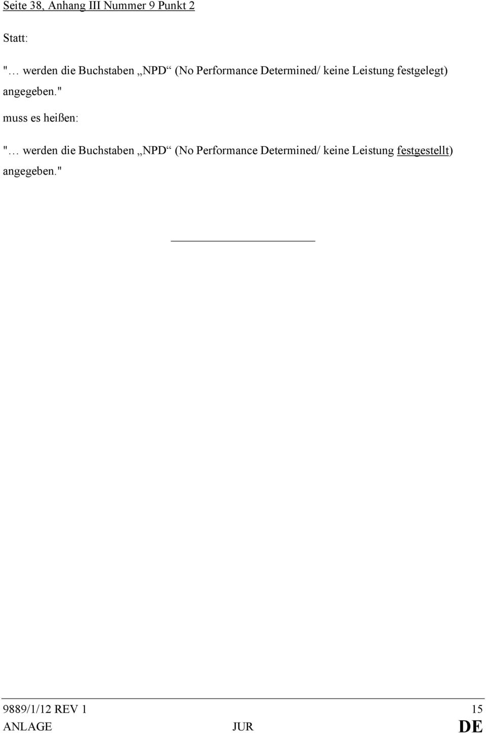 " muss es heißen: " werden die Buchstaben NPD (No Performance