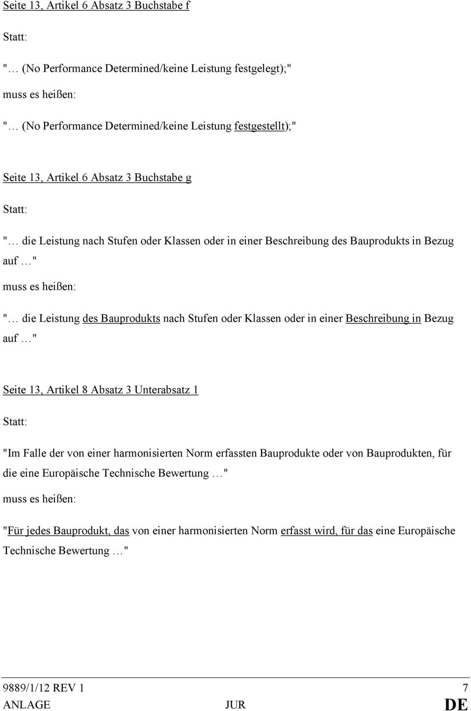 oder Klassen oder in einer Beschreibung in Bezug auf " Seite 13, Artikel 8 Absatz 3 Unterabsatz 1 Statt: "Im Falle der von einer harmonisierten Norm erfassten Bauprodukte oder von Bauprodukten, für