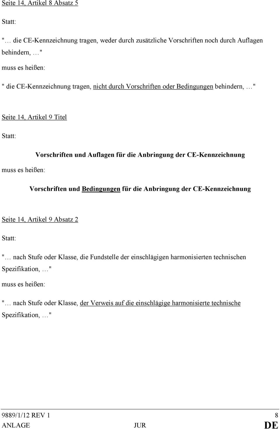 Vorschriften und Bedingungen für die Anbringung der CE-Kennzeichnung Seite 14, Artikel 9 Absatz 2 Statt: " nach Stufe oder Klasse, die Fundstelle der einschlägigen