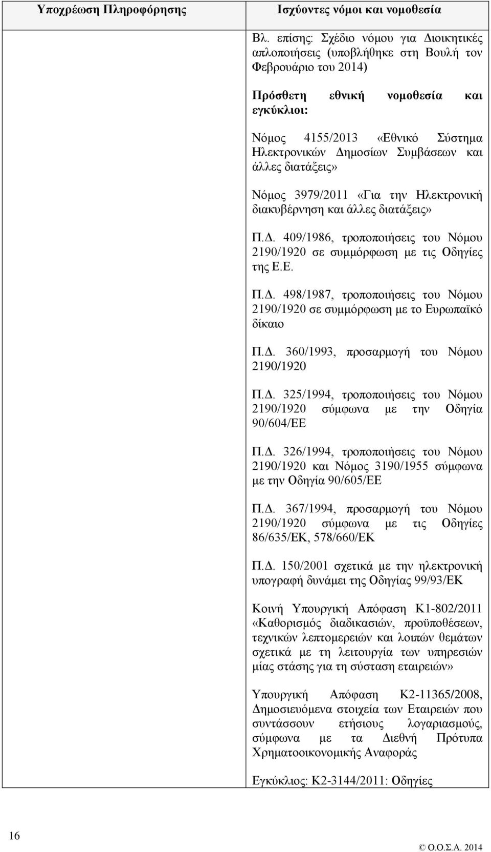 Συμβάσεων και άλλες διατάξεις» Νόμος 3979/2011 «Για την Ηλεκτρονική διακυβέρνηση και άλλες διατάξεις» Π.Δ. 409/1986, τροποποιήσεις του Νόμου 2190/1920 σε συμμόρφωση με τις Οδηγίες της Ε.Ε. Π.Δ. 498/1987, τροποποιήσεις του Νόμου 2190/1920 σε συμμόρφωση με το Ευρωπαϊκό δίκαιο Π.