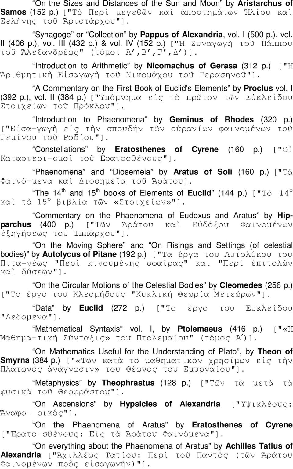 Introduction to Arithmetic by Nicomachus of Gerasa (312 p.) ["Ἡ Ἀριθµητικὴ Εἰσαγωγὴ τοῦ Νικοµάχου τοῦ Γερασηνοῦ"]. A Commentary on the First Book of Euclid's Elements by Proclus vol. I (392 p.), vol.