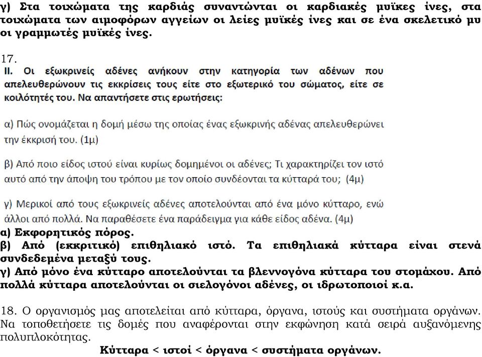 γ) Από µόνο ένα κύτταρο αποτελούνται τα βλεννογόνα κύτταρα του στοµάχου. Από πολλά κύτταρα αποτελούνται οι σιελογόνοι αδένες, οι ιδρωτοποιοί κ.α. 18.