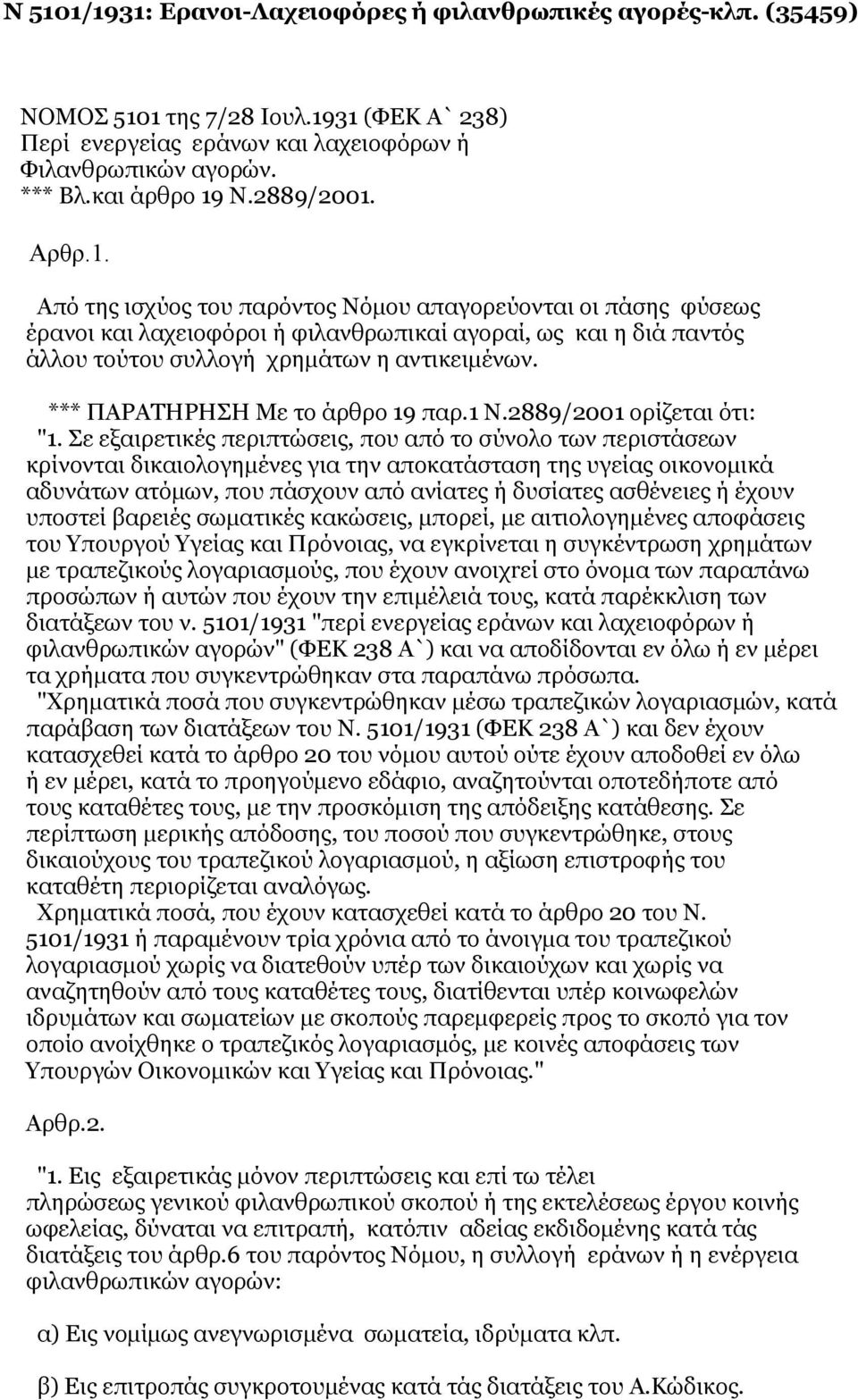 *** ΠΑΡΑΤΗΡΗΣΗ Με το άρθρο 19 παρ.1 Ν.2889/2001 ορίζεται ότι: "1.