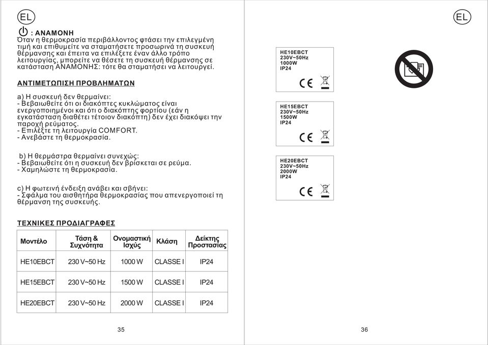 HE10EBCT 1000W ΑΝΤΙΜΕΤΩΠΙΣΗ ΠΡΟΒΛΗΜΑΤΩΝ a) Η συσκευή δεν θερμαίνει: - Βεβαιωθείτε ότι οι διακόπτες κυκλώματος είναι ενεργοποιημένοι και ότι ο διακόπτης φορτίου ( εάν η εγκατάσταση διαθέτει τέτοιον