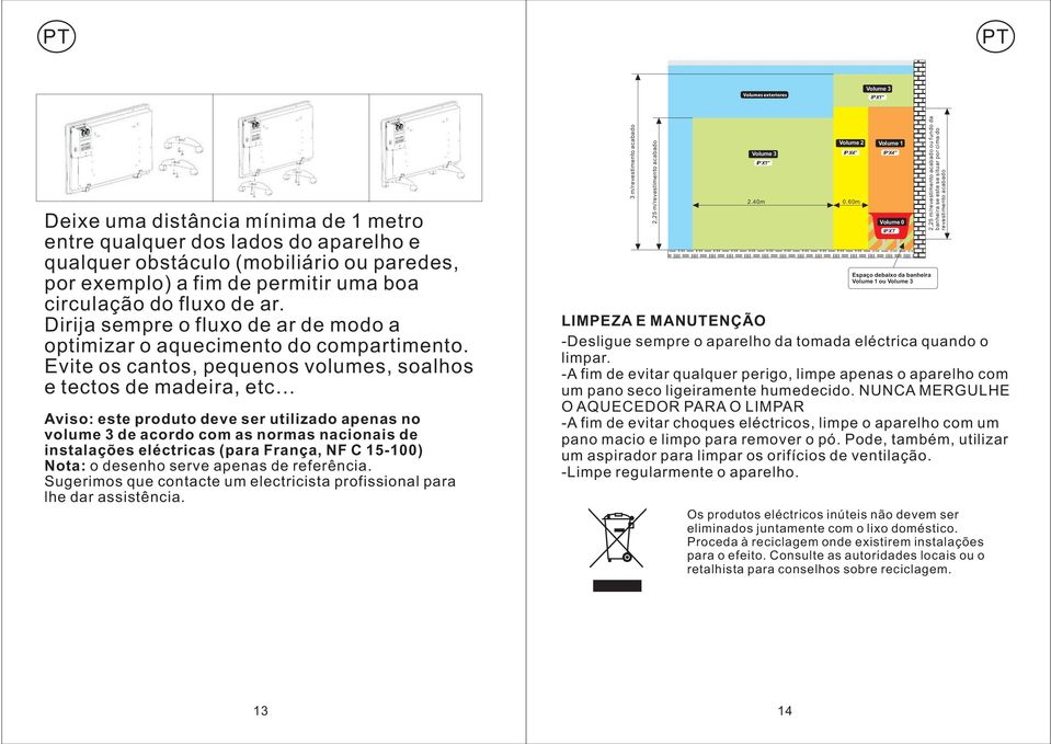 Evite os cantos, pequenos volumes, soalhos e tectos de madeira, etc Aviso: este produto deve ser utilizado apenas no volume 3 de acordo com as normas nacionais de instalações eléctricas (para França,