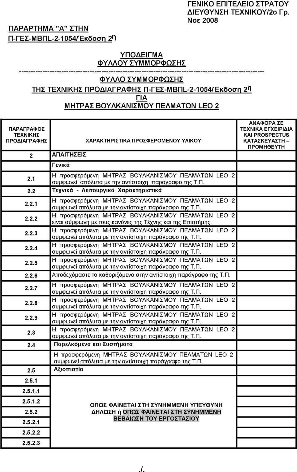 Π-ΓΕΣ-ΜΒΠL-2-1054/Έκδοση 2 η ΓΙΑ ΜΗΤΡΑΣ ΒΟΥΛΚΑΝΙΣΜΟΥ ΠΕΛΜΑΤΩΝ LEO 2 ΠΑΡΑΓΡΑΦΟΣ ΤΕΧΝΙΚΗΣ ΠΡΟΔΙΑΓΡΑΦΗΣ 2 ΑΠΑΙΤΗΣΕΙΣ Γενικά ΧΑΡΑΚΤΗΡΙΣΤΙΚΑ ΠΡΟΣΦΕΡΟΜΕΝΟΥ ΥΛΙΚΟΥ 2.