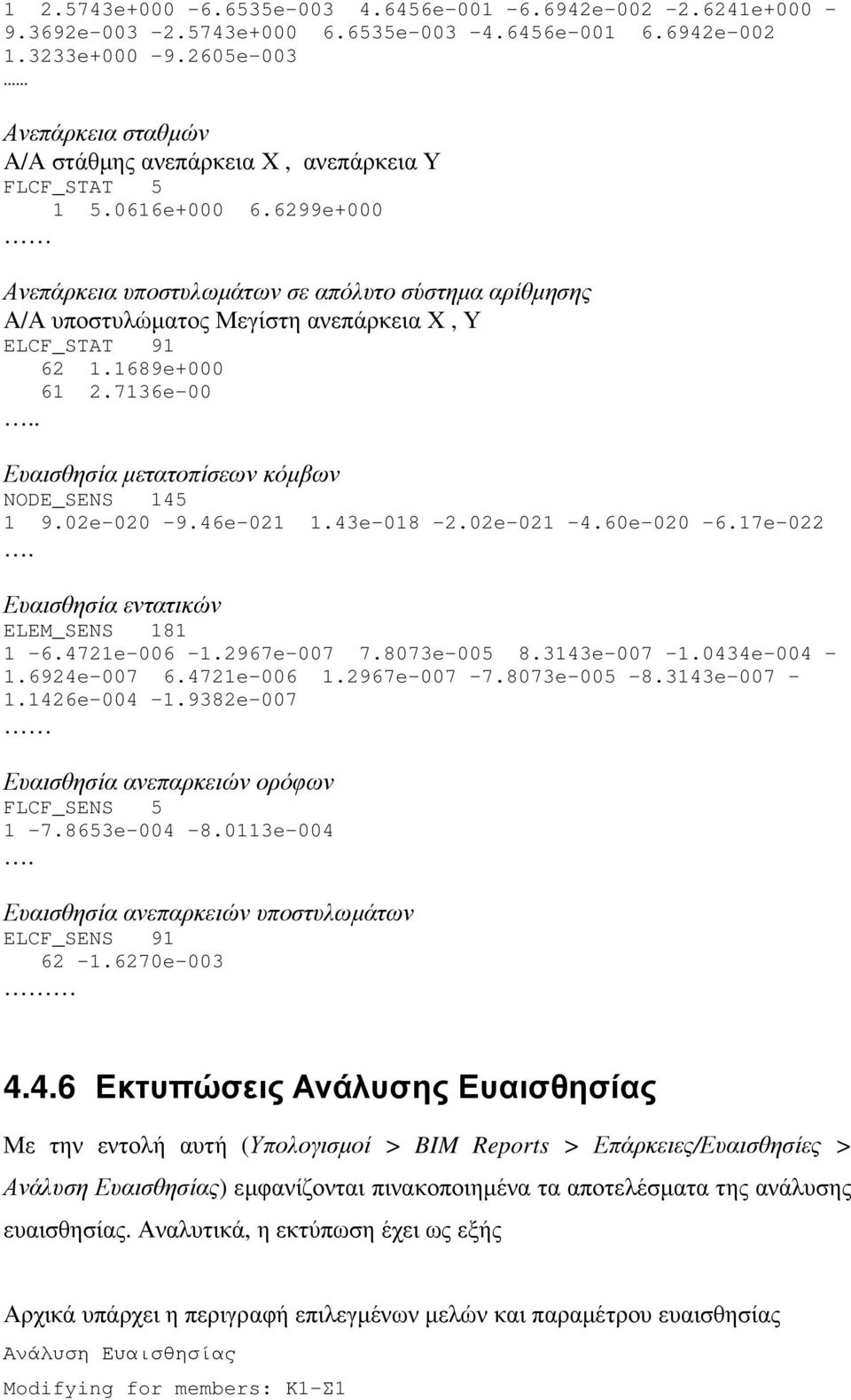 6299e+000 Ανεπάρκεια υποστυλωµάτων σε απόλυτο σύστηµα αρίθµησης Α/Α υποστυλώµατος Μεγίστη ανεπάρκεια Χ, Υ ELCF_STAT 91 62 1.1689e+000 61 2.7136e-00.. Ευαισθησία µετατοπίσεων κόµβων NODE_SENS 145 1 9.