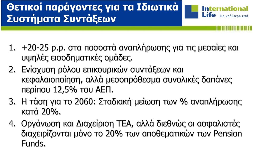 Ενίσχυση ρόλου επικουρικών συντάξεων και κεφαλαιοποίηση, αλλά μεσοπρόθεσμα συνολικές δαπάνες περίπου 12,5% του