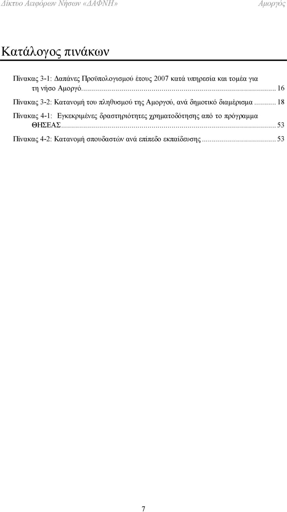 .. 16 Πίνακας 3-2: Κατανομή του πληθυσμού της Αμοργού, ανά δημοτικό διαμέρισμα.