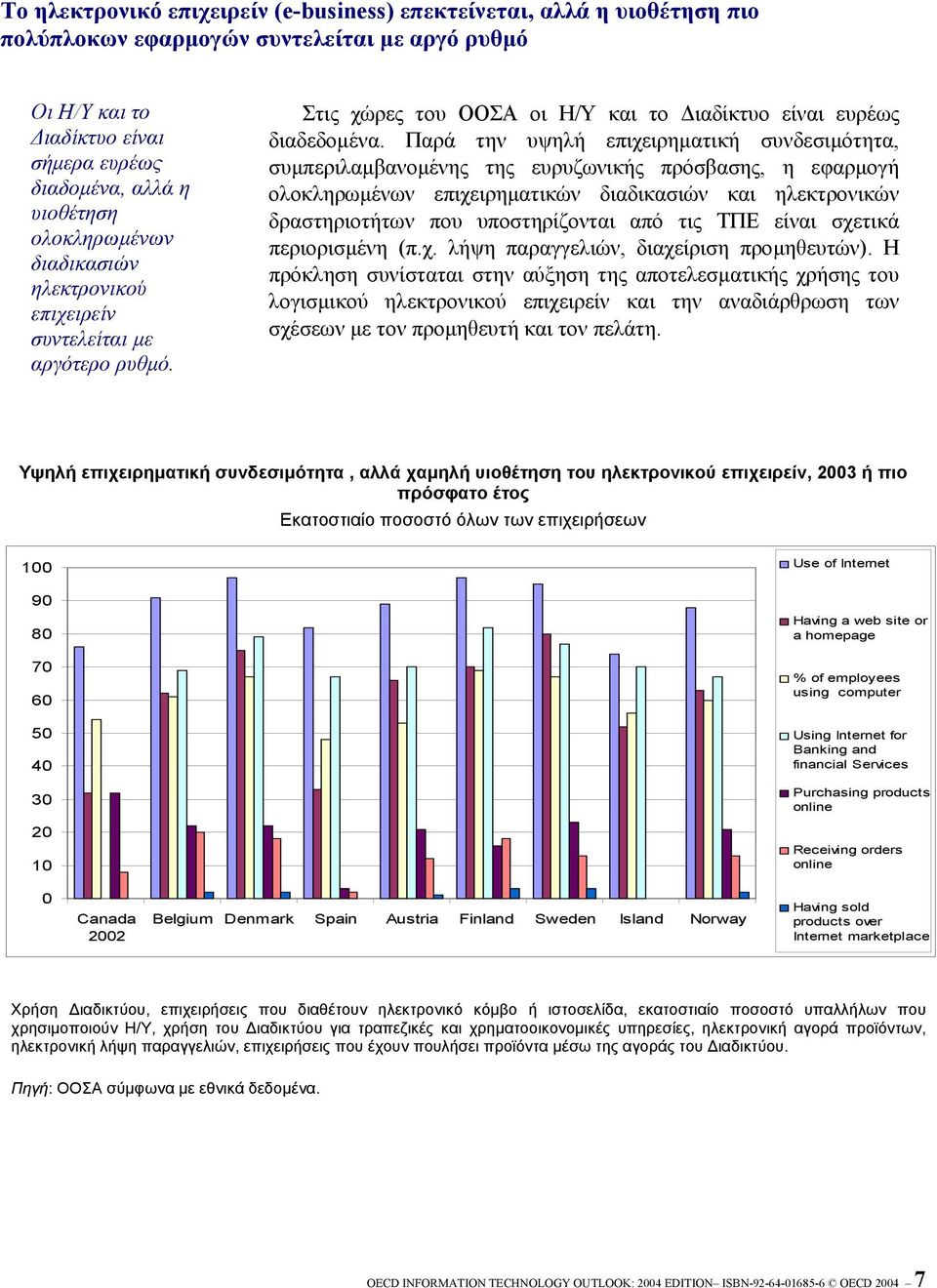 Παρά την υψηλή επιχειρηµατική συνδεσιµότητα, συµπεριλαµβανοµένης της ευρυζωνικής πρόσβασης, η εφαρµογή ολοκληρωµένων επιχειρηµατικών διαδικασιών και ηλεκτρονικών δραστηριοτήτων που υποστηρίζονται από