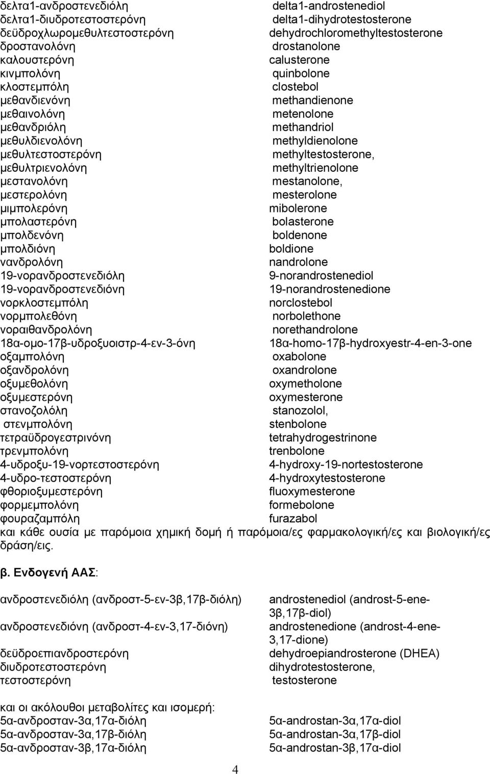 μεθυλτριενολόνη methyltrienolone μεστανολόνη mestanolone, μεστερολόνη mesterolone μιμπολερόνη mibolerone μπολαστερόνη bolasterone μπολδενόνη boldenone μπολδιόνη boldione νανδρολόνη nandrolone