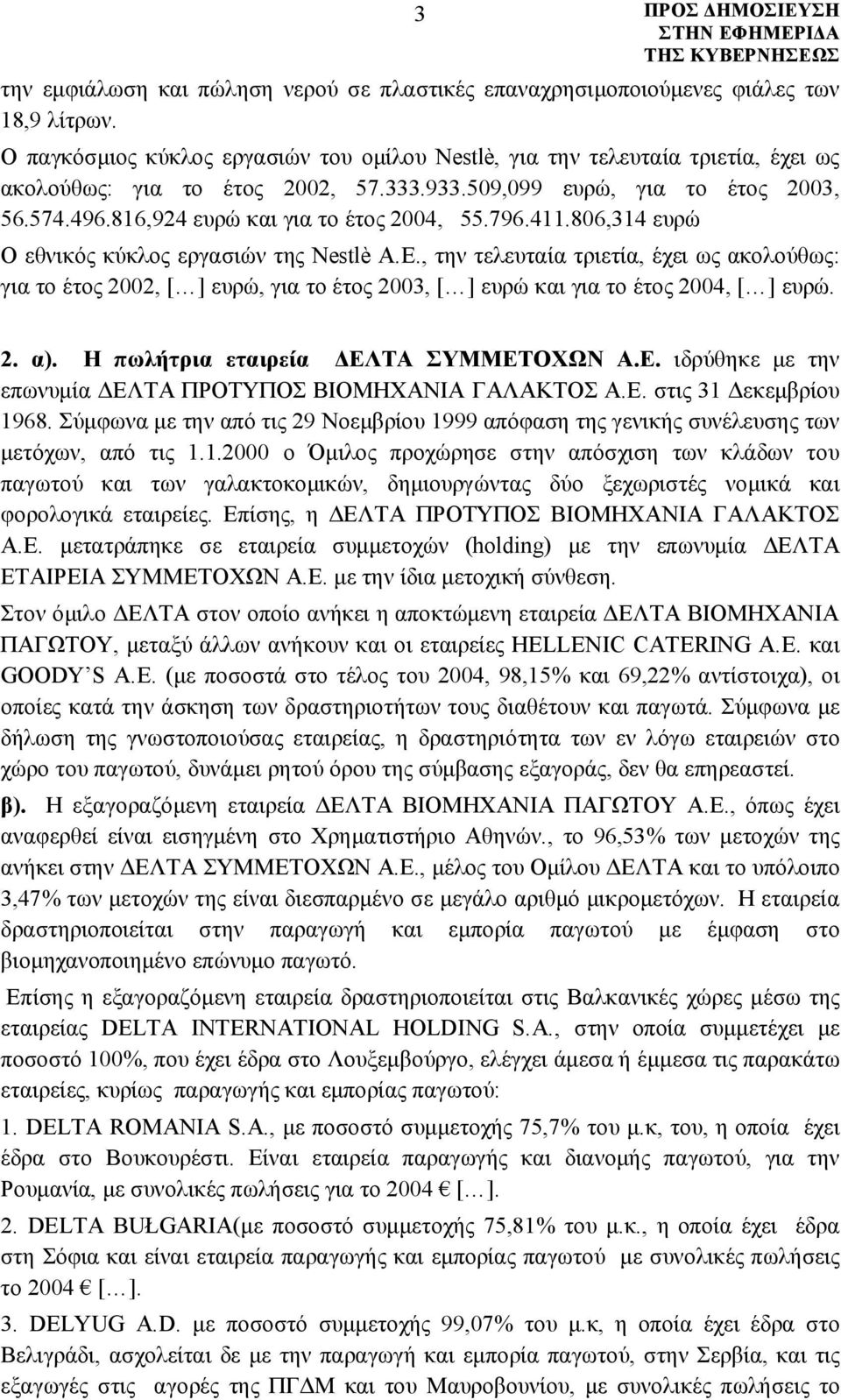 816,924 ευρώ και για το έτος 2004, 55.796.411.806,314 ευρώ Ο εθνικός κύκλος εργασιών της Νestlè Α.Ε.