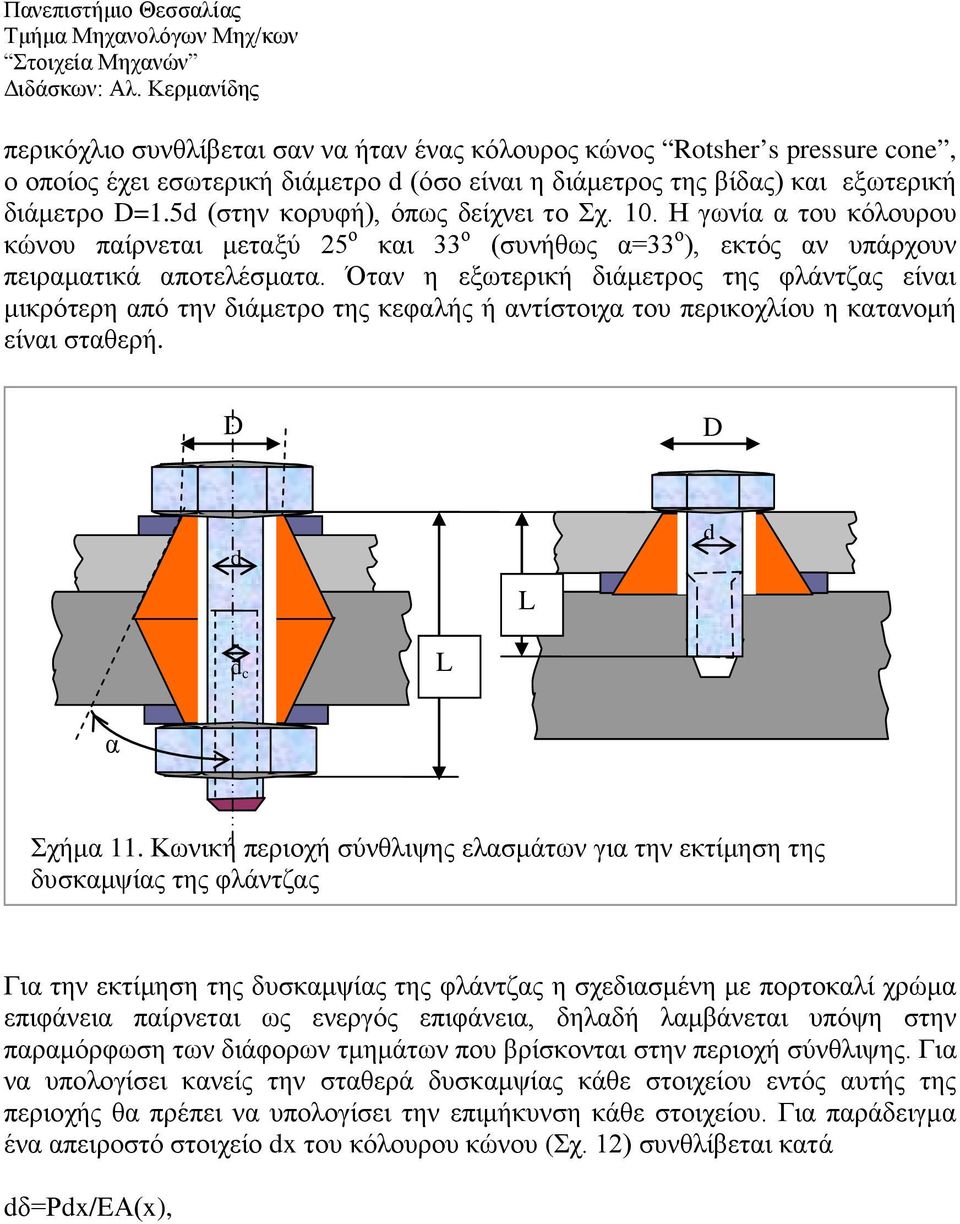 Όταν η εξωτερική διάμετρος της φλάντζας είναι μικρότερη από την διάμετρο της κεφαλής ή αντίστοιχα του περικοχλίου η κατανομή είναι σταθερή. D D L c L α Σχήμα 11.