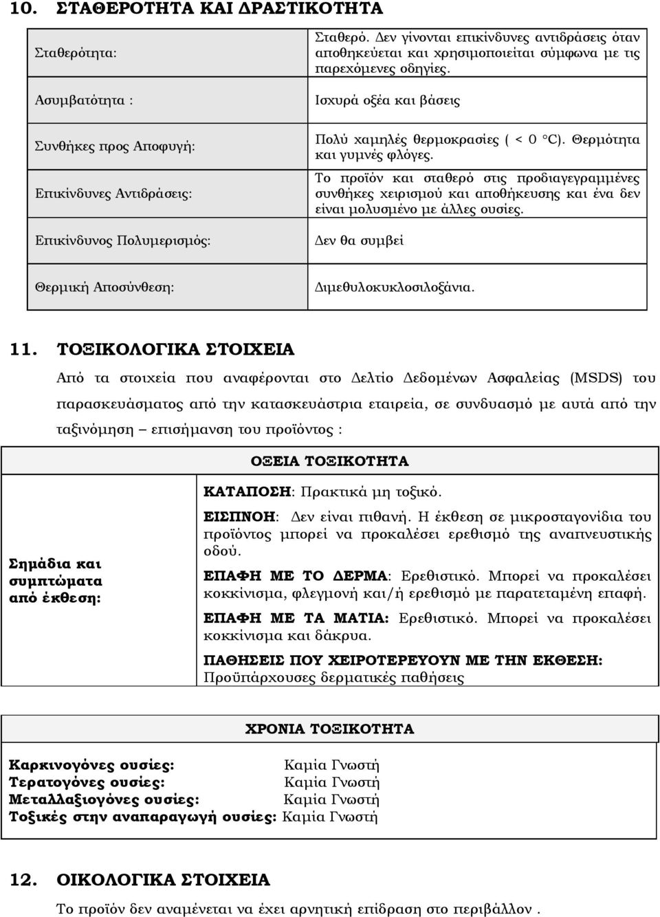 Το προϊόν και σταθερό στις προδιαγεγραμμένες συνθήκες χειρισμού και αποθήκευσης και ένα δεν είναι μολυσμένο με άλλες ουσίες. Δεν θα συμβεί Θερμική Αποσύνθεση: Διμεθυλοκυκλοσιλοξάνια. 11.