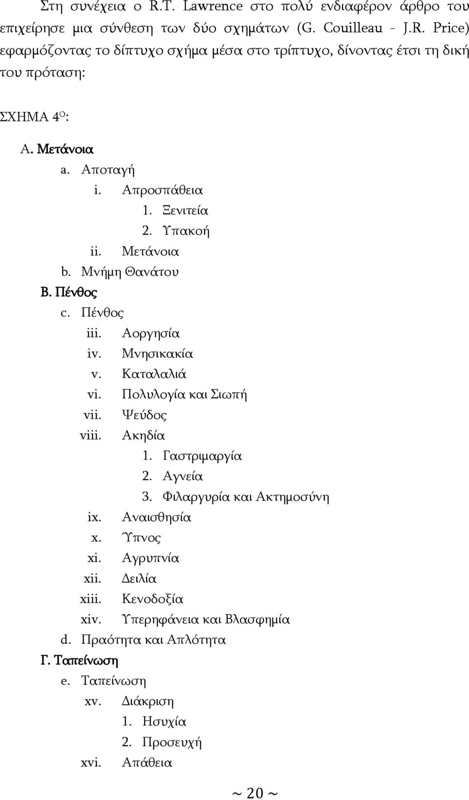 Πολυλογία και Σιωπή vii. Ψεύδος viii. Ακηδία 1. Γαστριμαργία 2. Αγνεία 3. Φιλαργυρία και Ακτημοσύνη ix. Αναισθησία x. Ύπνος xi. Αγρυπνία xii. Δειλία xiii. Κενοδοξία xiv.