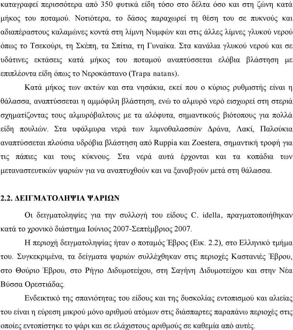 Στα κανάλια γλυκού νερού και σε υδάτινες εκτάσεις κατά μήκος του ποταμού αναπτύσσεται ελόβια βλάστηση με επιπλέοντα είδη όπως το Νεροκάστανο (Trapa natans).