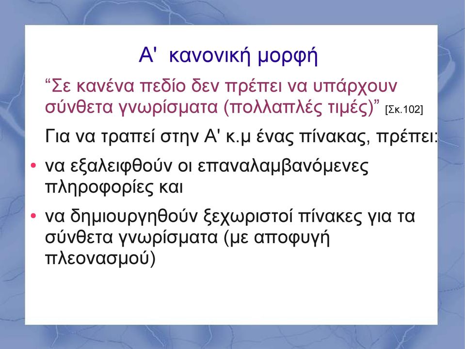 μ ένας πίνακας, πρέπει: να εξαλειφθούν οι επαναλαμβανόμενες πληροφορίες