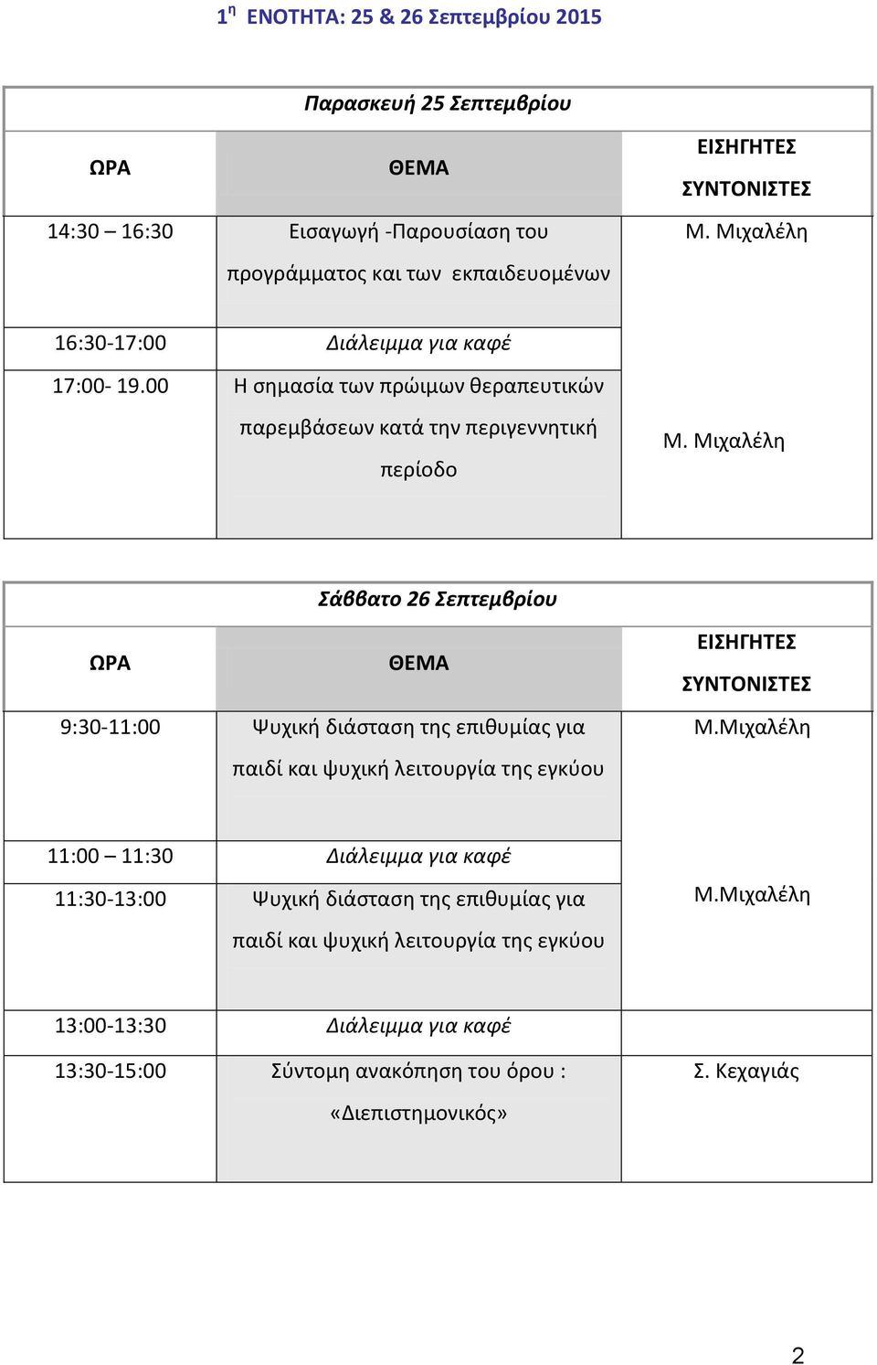 00 Η σημασία των πρώιμων θεραπευτικών παρεμβάσεων κατά την περιγεννητική περίοδο Σάββατο 26 Σεπτεμβρίου 9:30-11:00 Ψυχική διάσταση