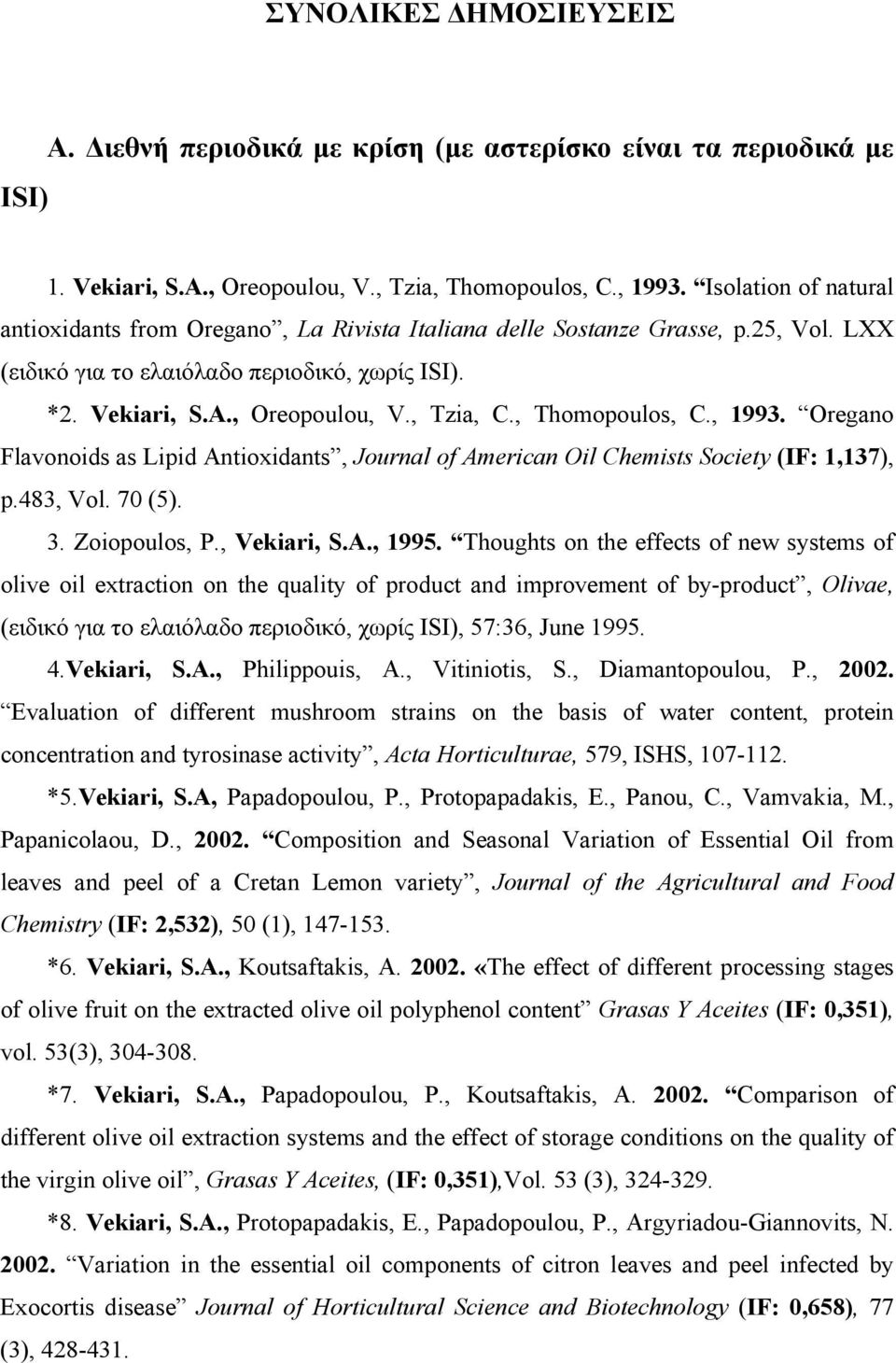 , Thomopoulos, C., 1993. Oregano Flavonoids as Lipid Antioxidants, Journal of American Oil Chemists Society (IF: 1,137), p.483, Vol. 70 (5). 3. Zoiopoulos, P., Vekiari, S.A., 1995.