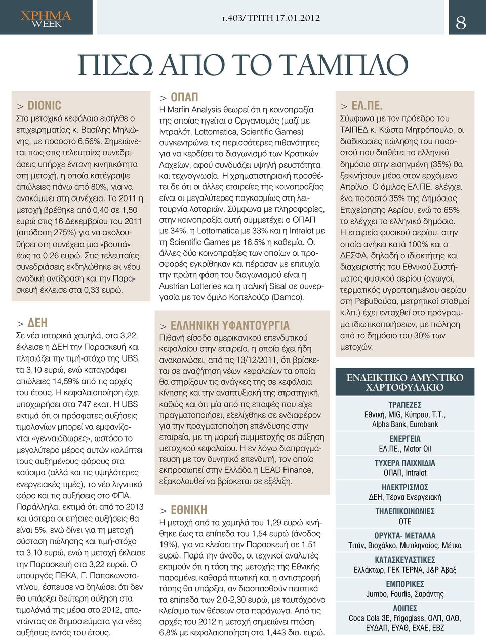 Το 2011 η μετοχή βρέθηκε από 0,40 σε 1,50 ευρώ στις 16 Δεκεμβρίου του 2011 (απόδοση 275%) για να ακολουθήσει στη συνέχεια μια «βουτιά» έως τα 0,26 ευρώ.