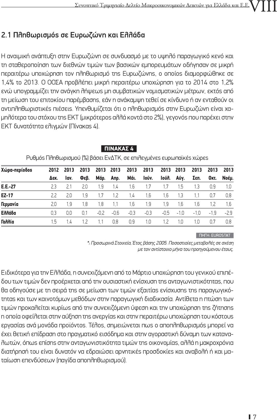 περαιτέρω υποχώρηση τον πληθωρισμό της Ευρωζώνης, ο οποίος διαμορφώθηκε σε 1,4% το 2013.