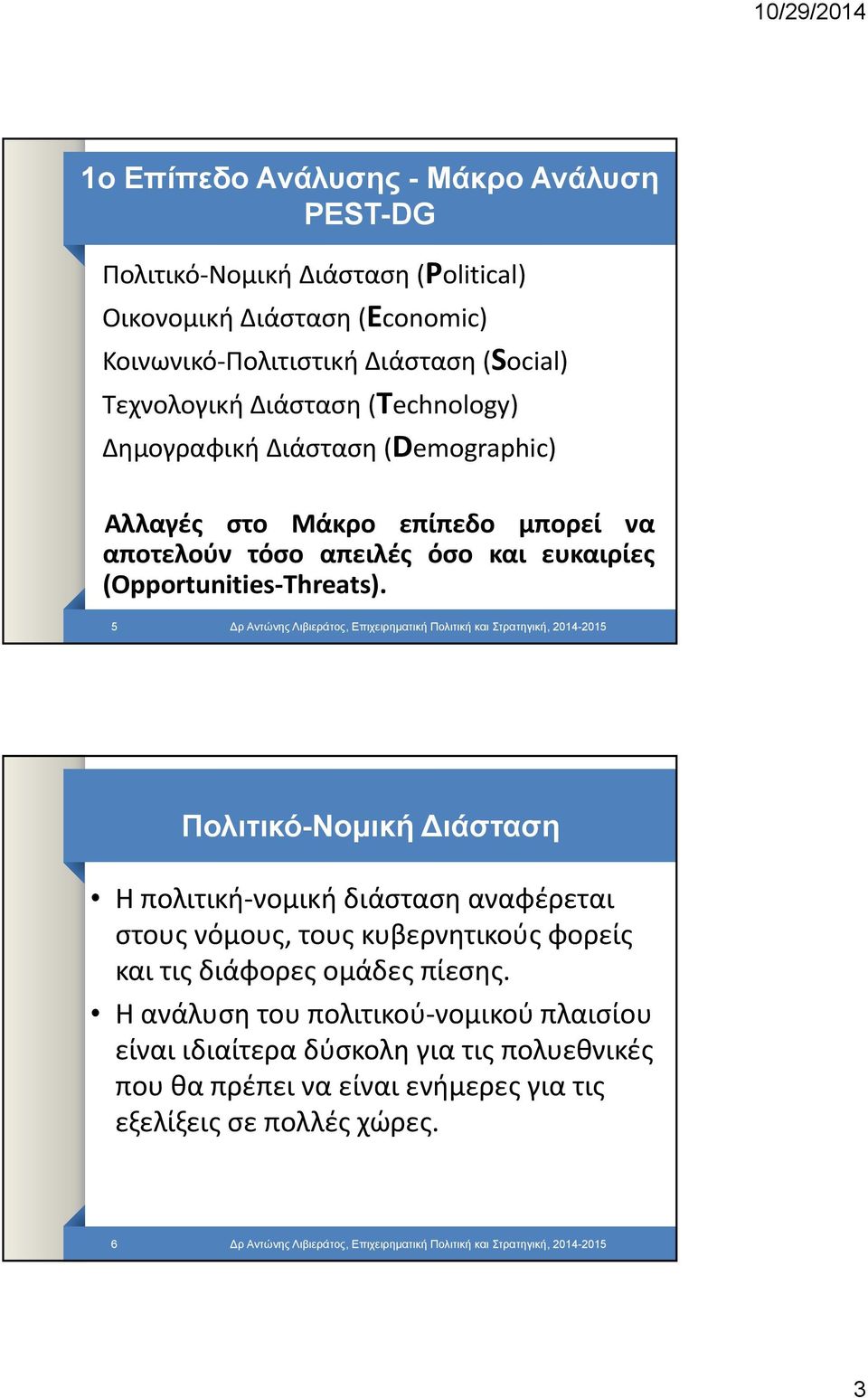 5 ρ Αντώνης Λιβιεράτος, Επιχειρηματική Πολιτική και Στρατηγική, 2014-2015 Πολιτικό-Νομική ιάσταση Η πολιτική νομική διάσταση αναφέρεται στους νόμους, τους κυβερνητικούς φορείς και τις