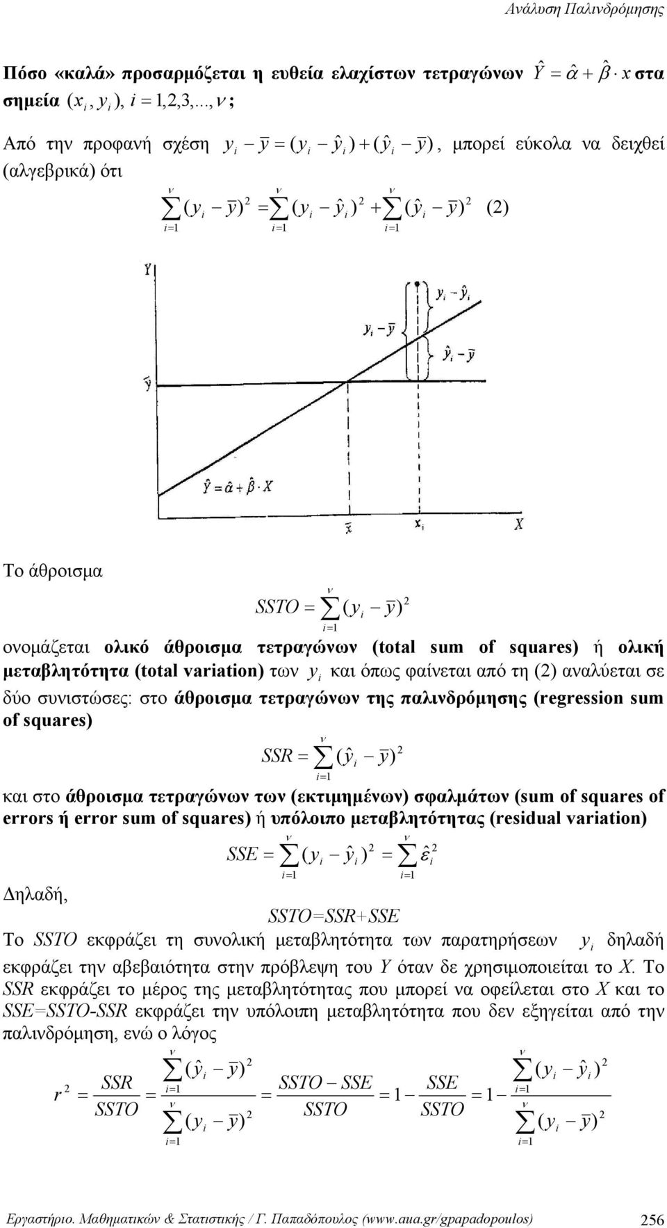 ολική μεταβλητότητα (total varaton) τω και όπως φαίεται από τη () ααλύεται σε δύο συιστώσες: στο άθροισμα τετραγώω της παλιδρόμησης (regresson sum of squares) SSR ( ˆ ) και στο άθροισμα τετραγώω τω