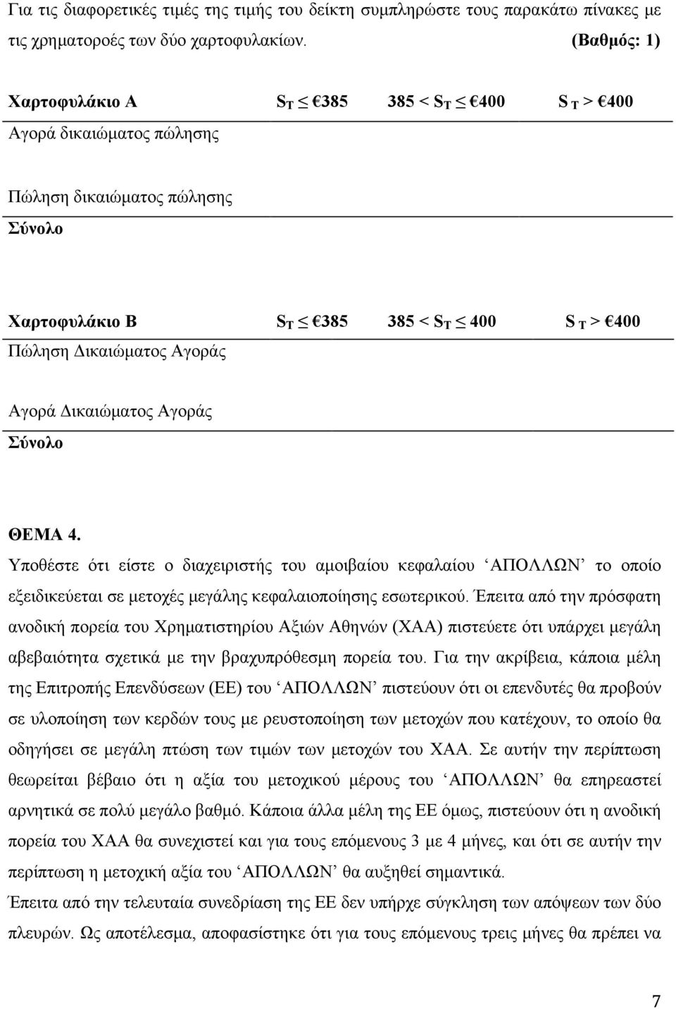 Δικαιώµατος Αγοράς Σύνολο ΘΕΜΑ 4. Υποθέστε ότι είστε ο διαχειριστής του αµοιβαίου κεφαλαίου ΑΠΟΛΛΩΝ το οποίο εξειδικεύεται σε µετοχές µεγάλης κεφαλαιοποίησης εσωτερικού.