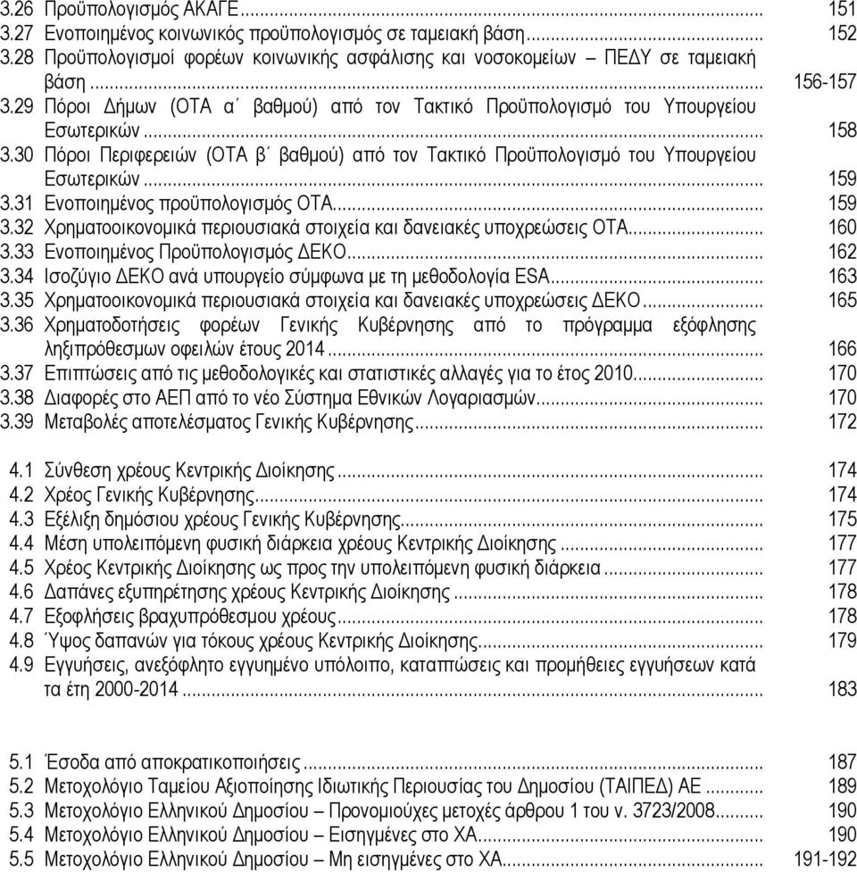 31 Δλνπνηεκέλνο πξνυπνινγηζκφο ΟΤΑ... 159 3.32 Φξεκαηννηθνλνκηθά πεξηνπζηαθά ζηνηρεία θαη δαλεηαθέο ππνρξεψζεηο ΟΤΑ... 160 3.33 Δλνπνηεκέλνο Πξνυπνινγηζκφο ΓΔΚΟ... 162 3.