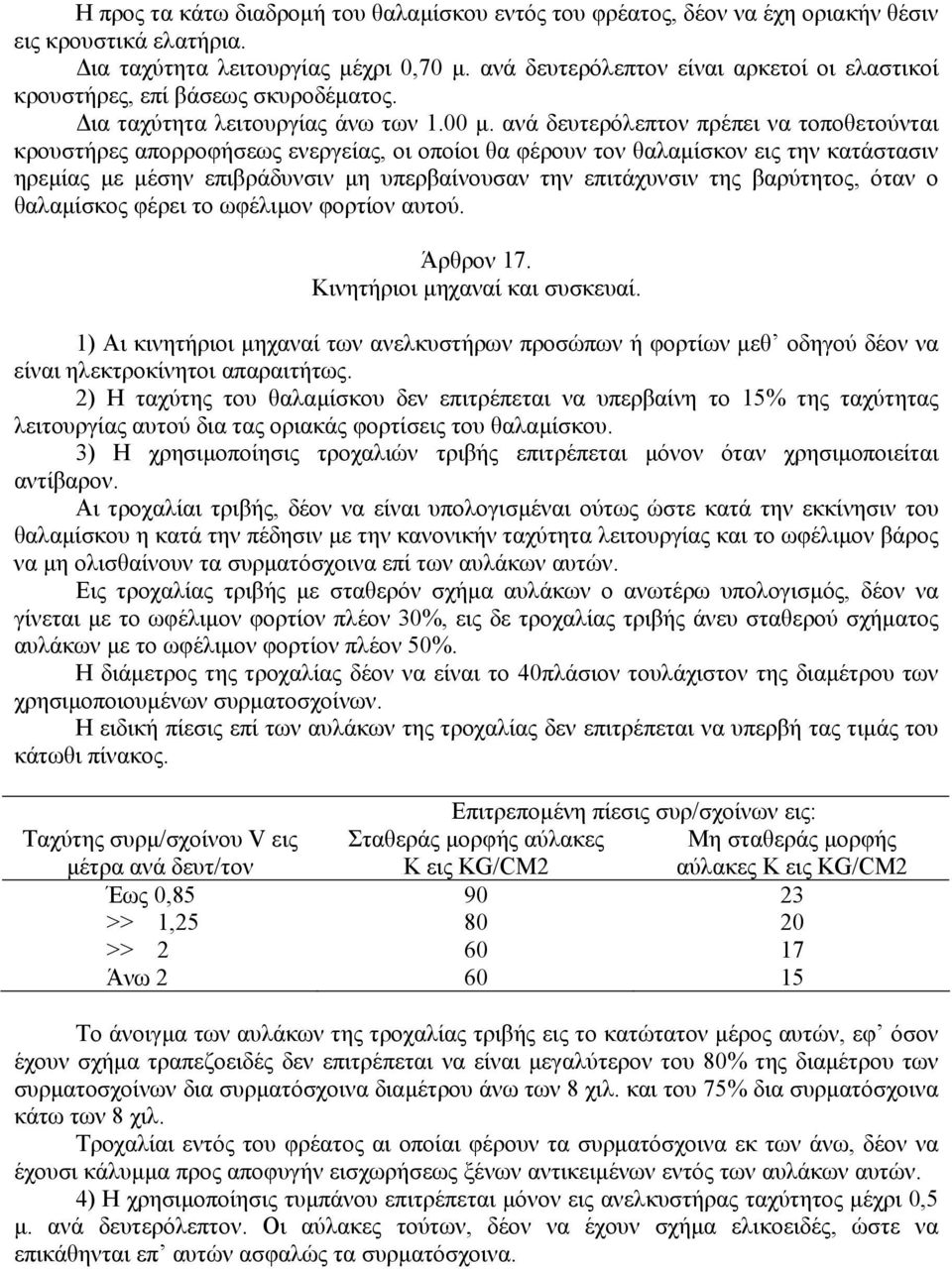 ανά δευτερόλεπτον πρέπει να τοποθετούνται κρουστήρες απορροφήσεως ενεργείας, οι οποίοι θα φέρουν τον θαλαµίσκον εις την κατάστασιν ηρεµίας µε µέσην επιβράδυνσιν µη υπερβαίνουσαν την επιτάχυνσιν της