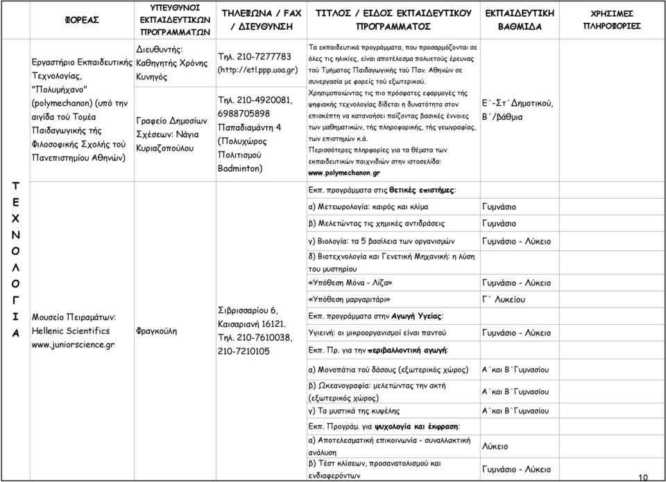 210-4920081, 6988705898 απαδιαμάντη 4 (ολυχώρος ολιτισμού Badminton) α εκπαιδευτικά προγράμματα, που προσαρμόζονται σε όλες τις ηλικίες, είναι αποτέλεσμα πολυετούς έρευνας τού μήματος αιδαγωγικής τού