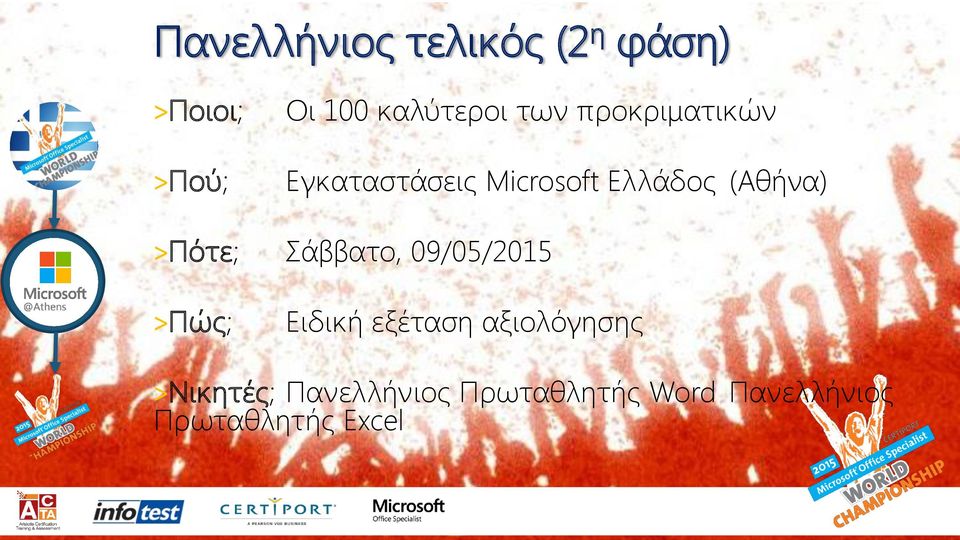 >Πότε; Σάββατο, 09/05/2015 >Πώς; Ειδική εξέταση αξιολόγησης