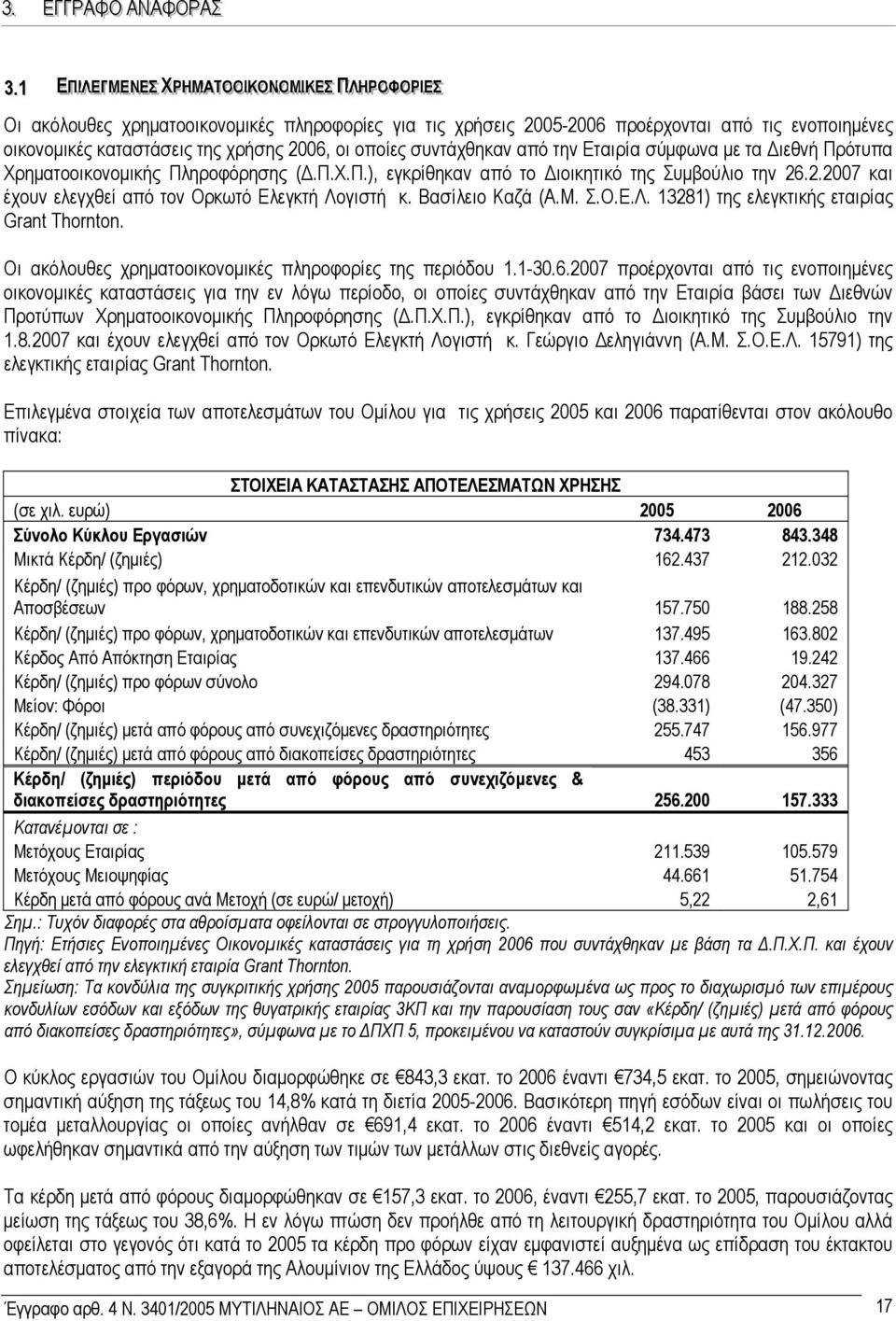 οικονοµικές καταστάσεις της χρήσης 2006, οι οποίες συντάχθηκαν από την Εταιρία σύµφωνα µε τα ιεθνή Πρότυπα Χρηµατοοικονοµικής Πληροφόρησης (.Π.Χ.Π.), εγκρίθηκαν από το ιοικητικό της Συµβούλιο την 26.