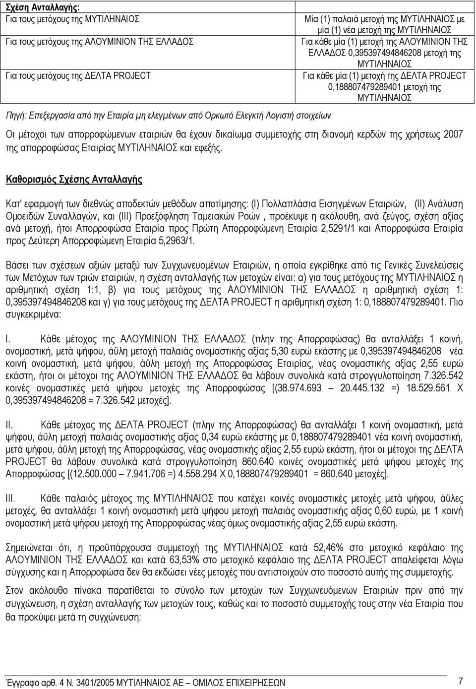 Επεξεργασία από την Εταιρία µη ελεγµένων από Ορκωτό Ελεγκτή Λογιστή στοιχείων Οι µέτοχοι των απορροφώµενων εταιριών θα έχουν δικαίωµα συµµετοχής στη διανοµή κερδών της χρήσεως 2007 της απορροφώσας