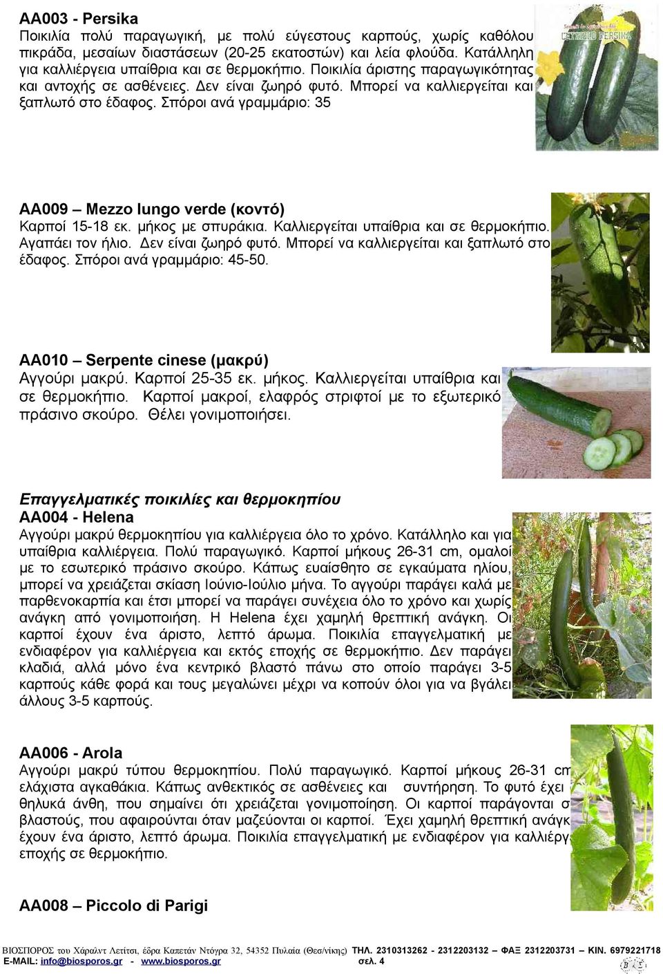 Σπόροι ανά γραμμάριο: 35 AA009 Mezzo lungo verde (κοντό) Καρποί 15-18 εκ. μήκος με σπυράκια. Καλλιεργείται υπαίθρια και σε θερμοκήπιο. Αγαπάει τον ήλιο. Δεν είναι ζωηρό φυτό.