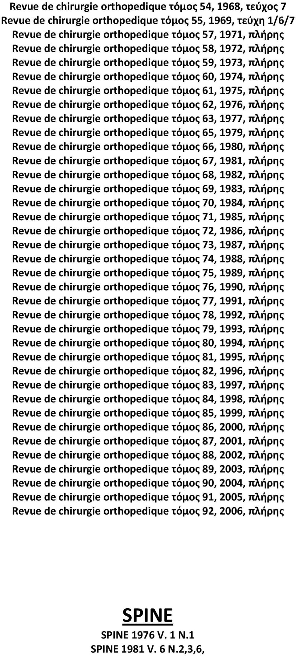 πλήρης Revue de chirurgie orthopedique τόμος 62, 1976, πλήρης Revue de chirurgie orthopedique τόμος 63, 1977, πλήρης Revue de chirurgie orthopedique τόμος 65, 1979, πλήρης Revue de chirurgie