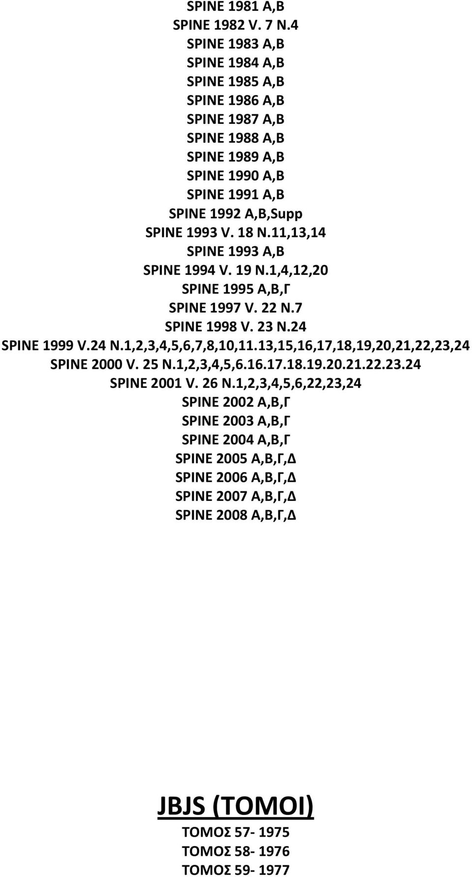 V. 18 N.11,13,14 SPINE 1993 A,B SPINE 1994 V. 19 N.1,4,12,20 SPINE 1995 A,B,Γ SPINE 1997 V. 22 N.7 SPINE 1998 V. 23 N.24 SPINE 1999 V.24 N.1,2,3,4,5,6,7,8,10,11.