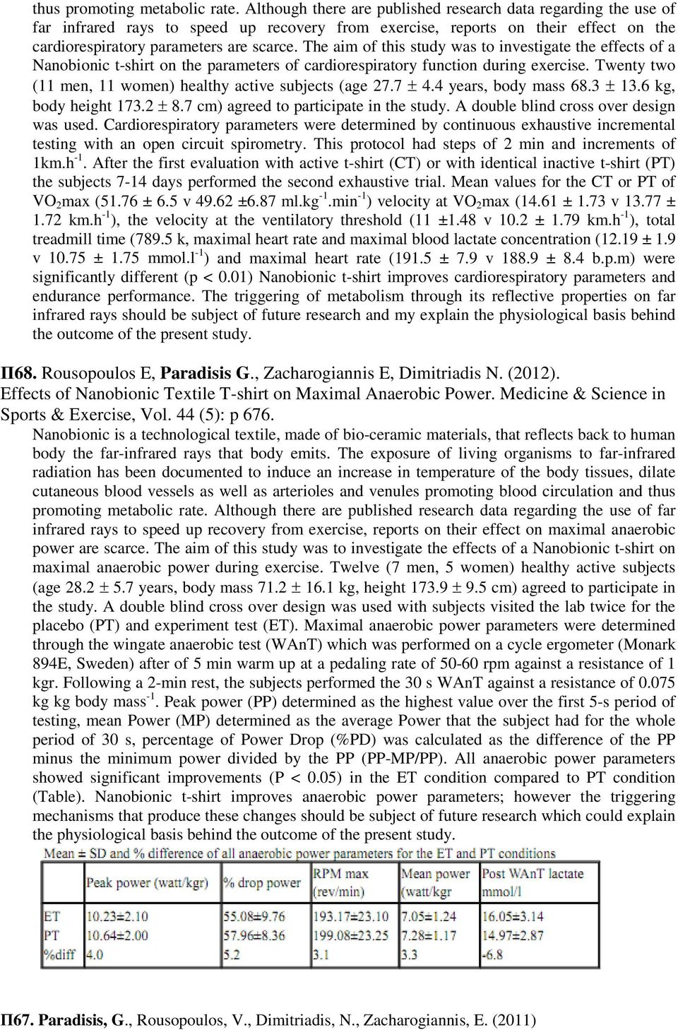 The aim of this study was to investigate the effects of a Nanobionic t-shirt on the parameters of cardiorespiratory function during exercise.