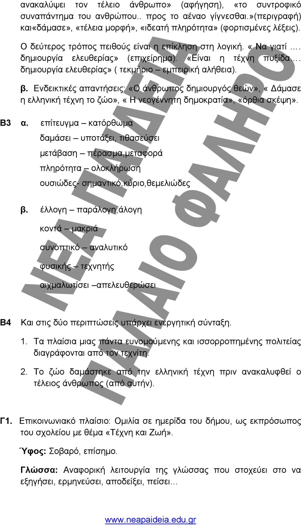 Ενδεικτικές απαντήσεις: «Ο άνθρωπος δημιουργός θεών», «Δάμασε η ελληνική τέχνη το ζώο», «Η νεογέννητη δημοκρατία», «όρθια σκέψη». Β3 α.