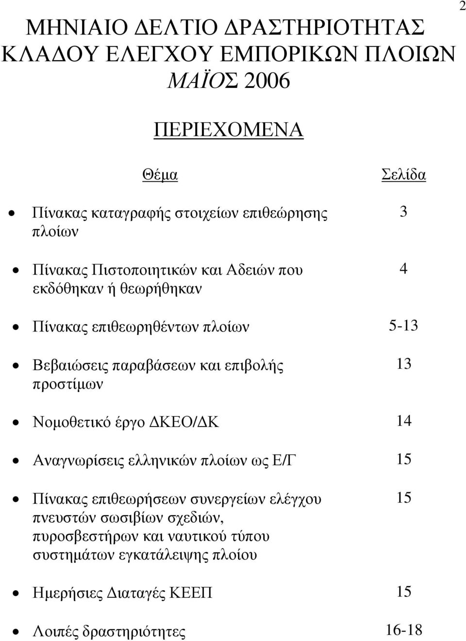 και επιβολής προστίμων 13 Νομοθετικό έργο ΔΚΕΟ/ΔΚ 14 Αναγνωρίσεις ελληνικών πλοίων ως Ε/Γ 15 Πίνακας επιθεωρήσεων συνεργείων ελέγχου